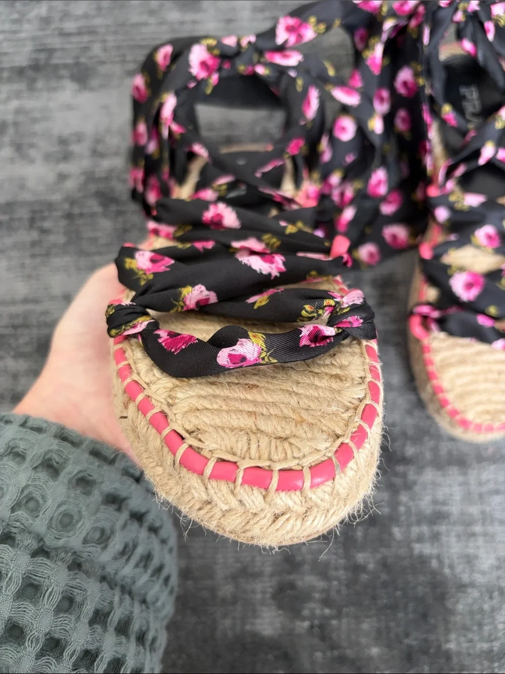 Prada Black Floral Ribbon Espadrille Sandals with Pink Accents